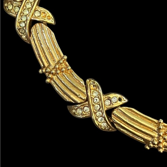 Vintage Rhinestone X Gold Tone Bar Link Collar Necklace - Picture 4 of 12